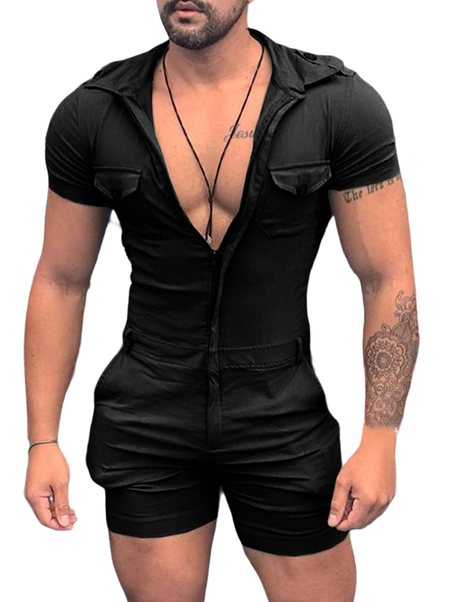 DYMADE Men Slim Fit Casual Solid Color Zip Short Sleeved Bodysuit One