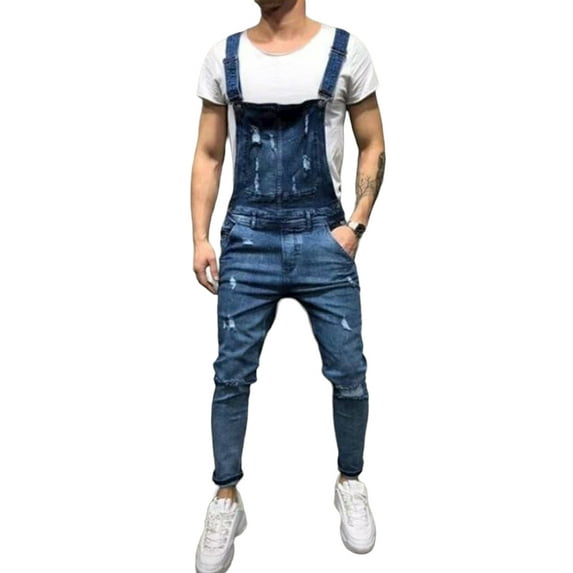 DYMADE Men Solid Jumpsuit Ripped Jeans Denim Pants