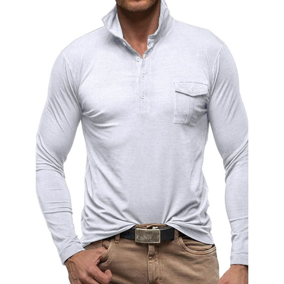 DYMADE Men Solid Long Sleeve Turn-down Collar Pocket Button Pullover T-Shirt Henley Tops