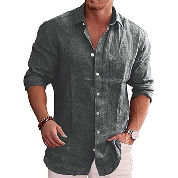 DYMADE Men Solid Turn-down Collar Long Sleeve Solid Buckle Casual Shirts