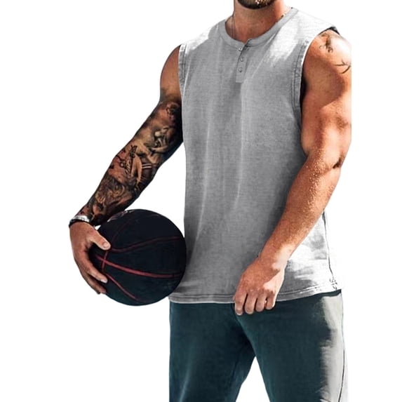 DYMADE Men's Activewear Sports Fitness Round Neck Sleeveless Button Pure Casual Tank Tops