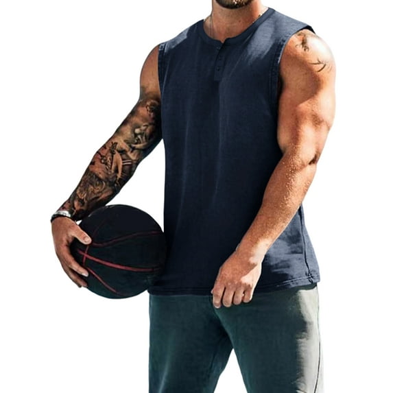 DYMADE Men's Activewear Sports Fitness Round Neck Sleeveless Button Pure Casual Tank Tops