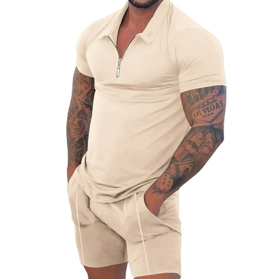 DYMADE Men's Casual Zipper Lapel Short Sleeve Top Shorts Sports Suit
