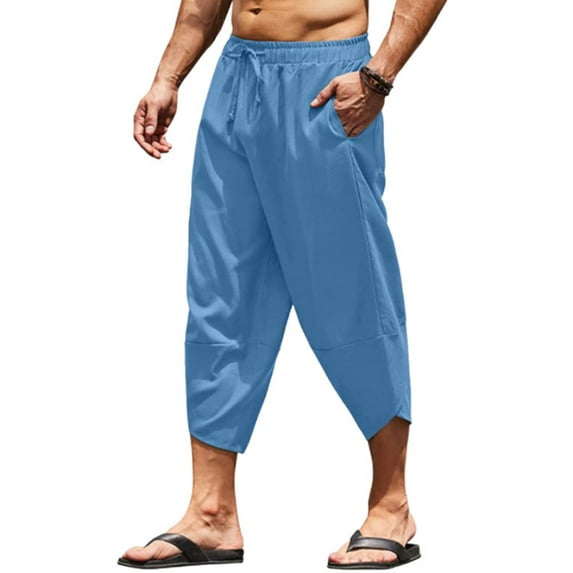 DYMADE Men's Chino Cotton Linen Casual Solid Color Drawstring Cropped Pants