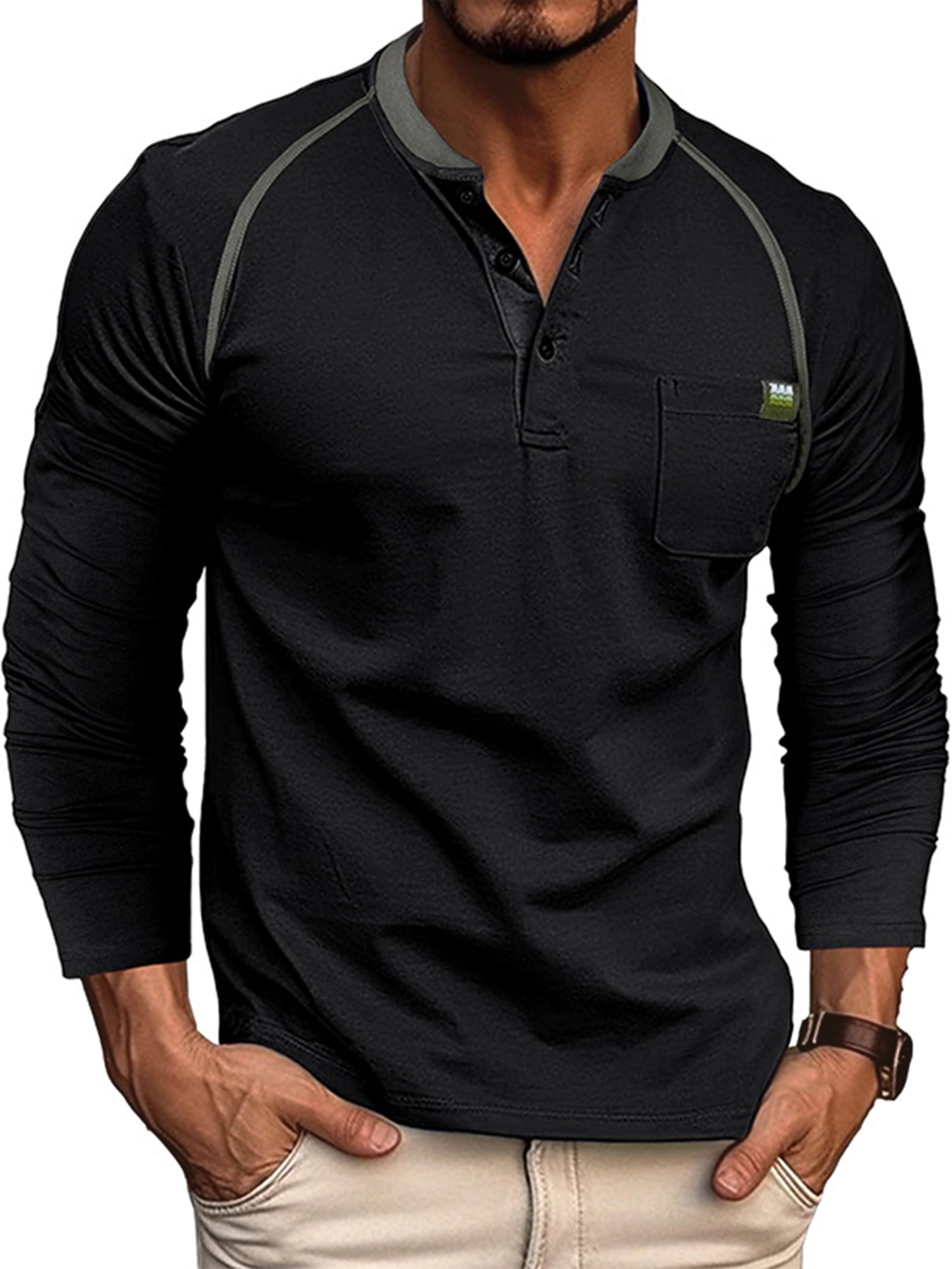 DYMADE Men's Henley Long Sleeve Undershirts Color Block Slim Fit T