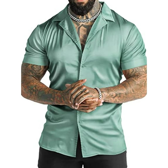 DYMADE Men's Summer Disco Solid Short Sleeve Button Henley Shirt Tops