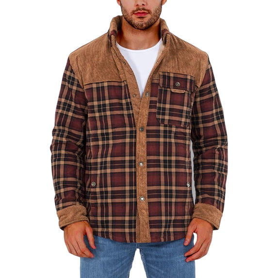 DYMADE Men's Winter Flannel Patchwork Check Lined Stand-Up Collar Casual Anorak Jacket Coat