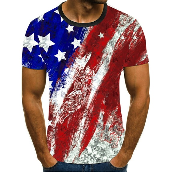DYMADE Mens American Flag Short Sleeve Round Neck 4th July Patriotic T-shirts Top