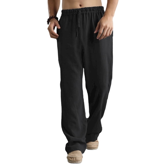 DYMADE Mens Casual Trousers Cotton Linen Elastic Waist Pockets Solid Pant