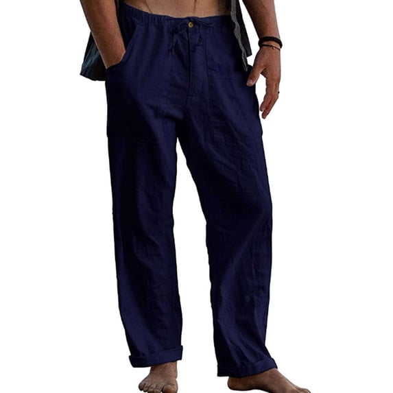 DYMADE Mens Cotton Linen Elastic Waist Pocket Straight Fit Thin Summer Full Length Pants