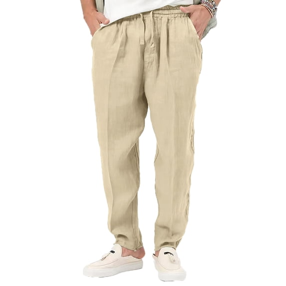 DYMADE Mens Cotton Linen Full Length Pant Draw String Elastic Waist Mid Waist Athletic Fit Casual Pants