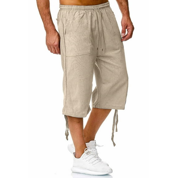 DYMADE Mens Cotton Linen Pockets Elastic Waist Calf-Length Cropped Pants