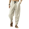 thumbnail image 1 of DYMADE Mens Cotton Linen Solid Mid Waist Tapered Leg Ankle-Length Casual Pants, 1 of 3
