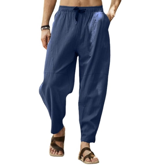 DYMADE Mens Cotton Linen Solid Mid Waist Tapered Leg Ankle-Length Casual Pants