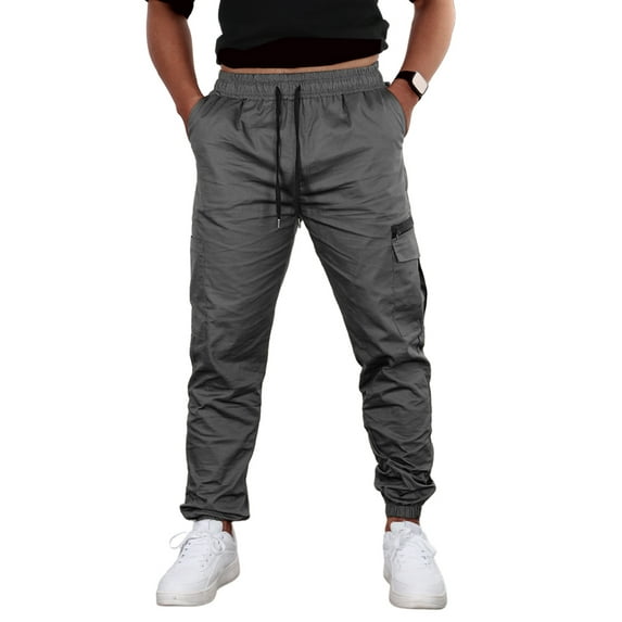 DYMADE Mens Workwear Pantaloons Solid Color Mid Waist Multi-Pocket Jogger Cargo Pant