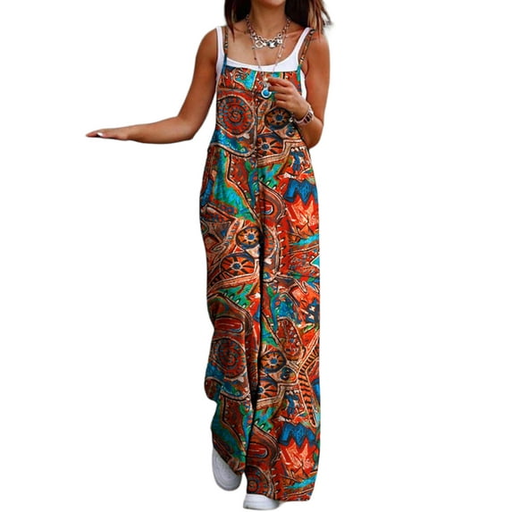 DYMADE Printed Casual Pocket Suspenders Boilersuit Loose Straight Leg Pants Women's Jumpsuit