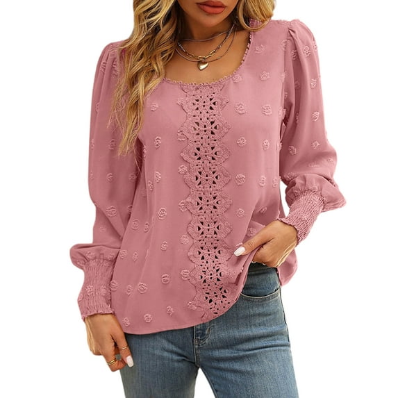 DYMADE Round Neck Puff Sleeves Polka Dot Stitching Lace Elegant Long-Sleeved Shirt For Women