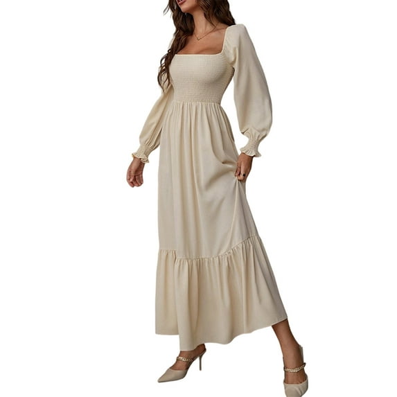 DYMADE Ruffle Long Sleeve Square Neck Elegant Fashion Midi Swing Dress Women