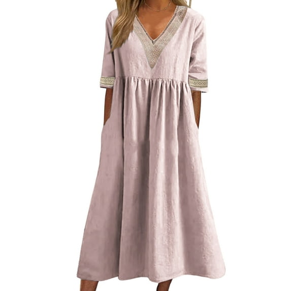DYMADE Women Basic Plain V-Neck Lace Collar Summer Cotton Linen Midi Dress