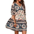 thumbnail image 1 of DYMADE Women Basic Pullover 3/4 Sleeve V-Neck Floral Print Midi Dress, 1 of 6