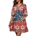 thumbnail image 1 of DYMADE Women Basic Pullover 3/4 Sleeve V-Neck Floral Print Midi Dress, 1 of 7