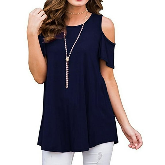 DYMADE Women's Cold Shoulder Short Sleeve Blouse Shirts Round Neck Solid Printed Casual Tunic Tops