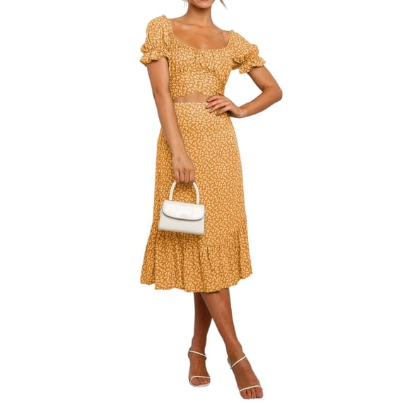 DYMADE Women Bohemian Little Floral Sexy Bandage Bubble Sleeve Top Skirt Two Piece Suit Dress