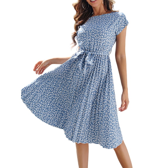 DYMADE Women Boho Floral Pleated Midi Short Sleeve Dress