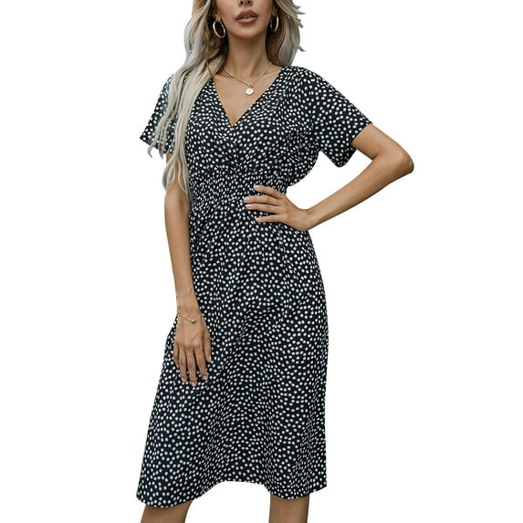 DYMADE Women Boho Floral Print Summer Short Sleeve Elastic Waist Chiffon Midi Dress