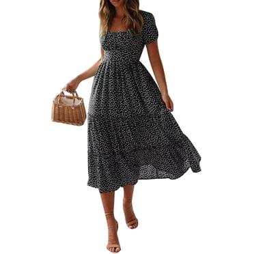 Yubnlvae Women Boho Floral Print Summer Short Sleeve Midi Dress