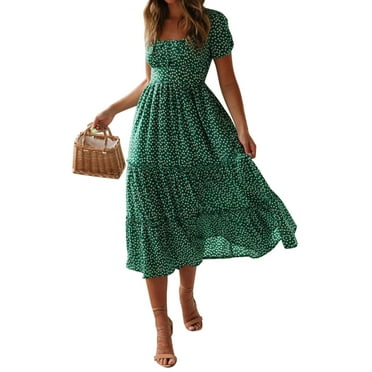 DYMADE Women Boho Floral Print Summer Short Sleeve Midi Dress