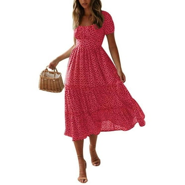 DYMADE Women Boho Floral Print Summer Short Sleeve Midi Dress