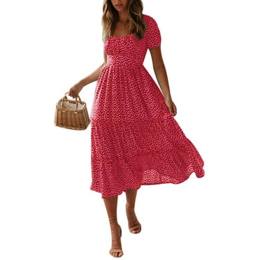 DYMADE Women Boho Floral Print Summer Short Sleeve Midi Dress