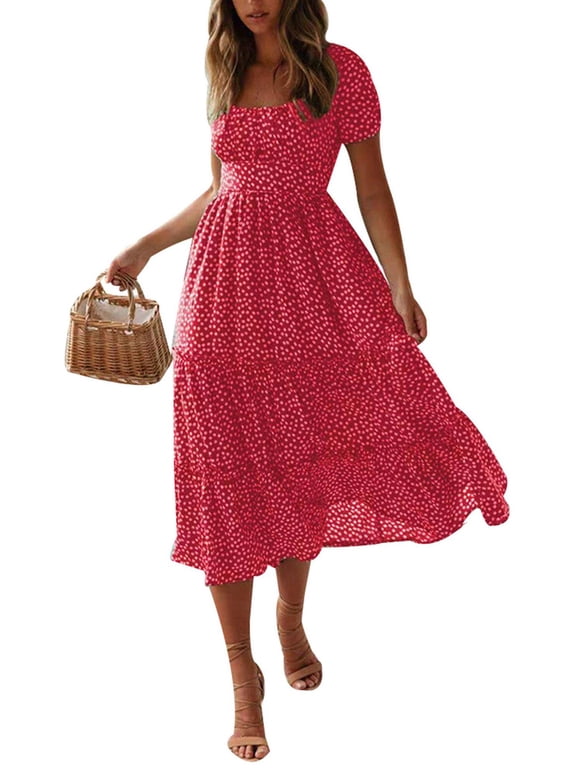 Women's Boho Floral Maxi Dress - Short Sleeve, V-Neck, Summer Beach Sundress