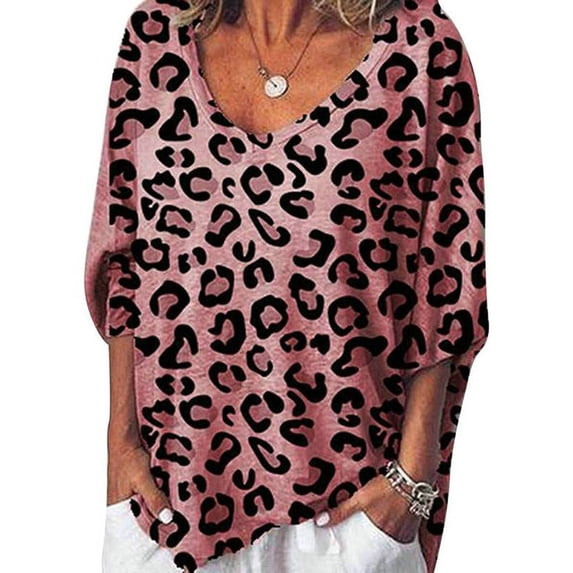 DYMADE Women Breathable Leopard Print Loose Medium Sleeve T-shirt