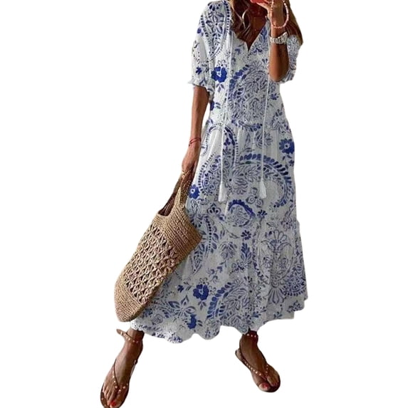 DYMADE Women Casual Bohemian V-Neck Short Sleeve Print Butterfly Sleeve Dress