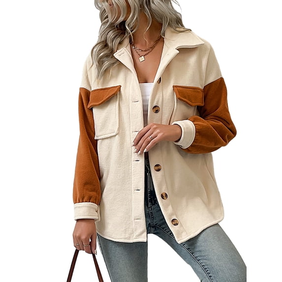 DYMADE Women Casual Colorblocking Long Sleeve Turn-down Collar Jacket Coat