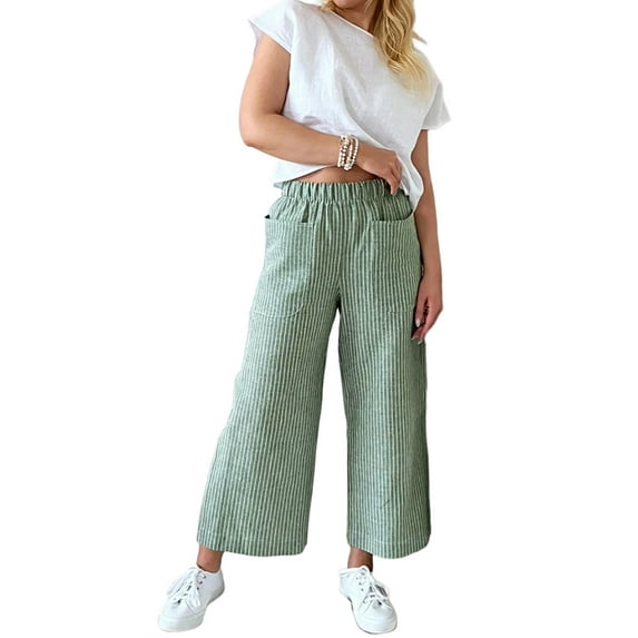 DYMADE Women Casual Striped Pocket Elastic Waist Crop Pants