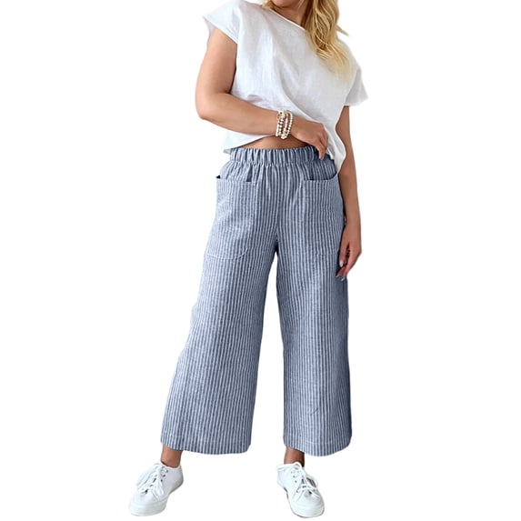 DYMADE Women Casual Striped Pocket Elastic Waist Crop Pants