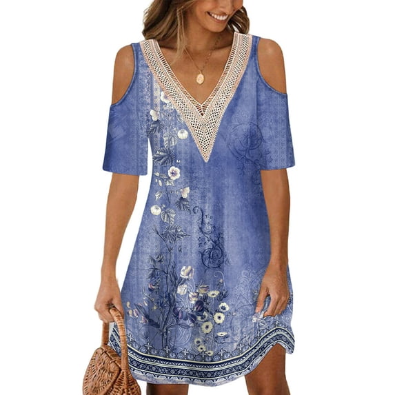 DYMADE Women Casual Summer Pullover Short Off-Shoulder Sleeve Jumper Dress