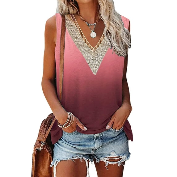 DYMADE Women Casual Summer Sleeveless V-Neck Lace Gradient Print Camisole Tank Tops
