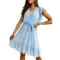 thumbnail image 1 of DYMADE Women Chiffon Wrap V-Neck Sleeveless Ruffle Pleated Swing Dress with Waistbelt, 1 of 2