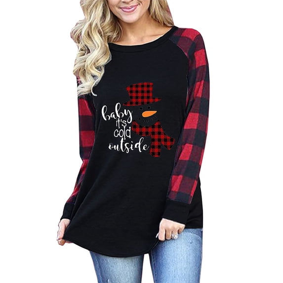 DYMADE Women Christmas Cartoon Printed Crew Neck Plaid Long Sleeve Loose T-shirt