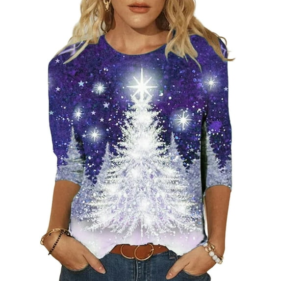 DYMADE Women Christmas Digital Cartoon Print Long Sleeve Crew Neck T-shirt Top