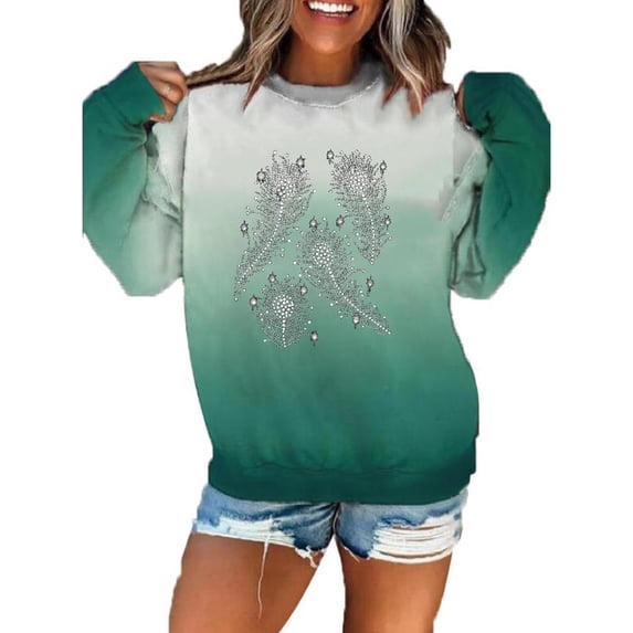 DYMADE Women Christmas Gradient Hot Drill Long Sleeve Round Neck Sweatshirt Printed Top