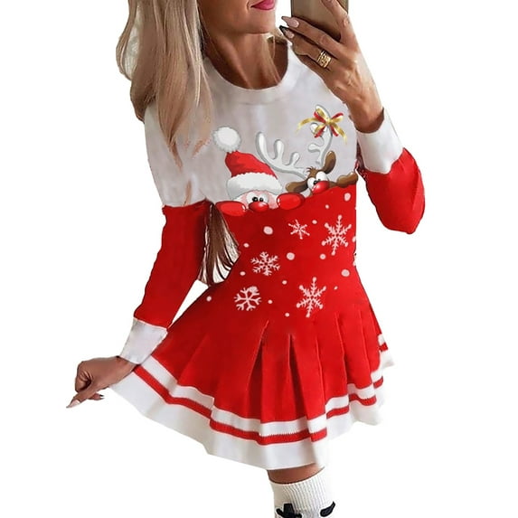 DYMADE Women Christmas Long Sleeve Knit Round Neck Pleated Casual Short Length Dress