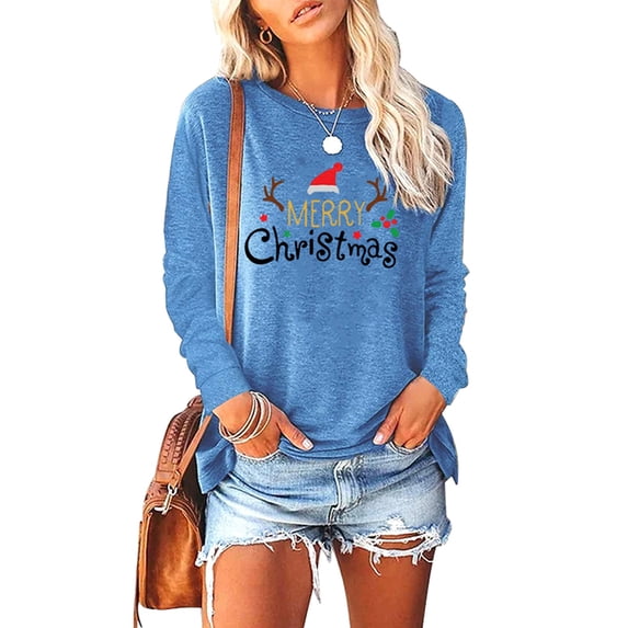 DYMADE Women Christmas Loose Round Neck Pullover Printed Long Sleeved T-shirt Top