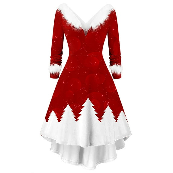 DYMADE Women Christmas Print Furry Long Sleeve Knee Length A-line Dress