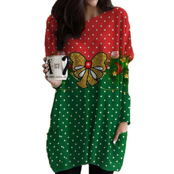 DYMADE Women Christmas Print Long Sleeve Crew Neck Loose T-shirt Top