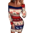 thumbnail image 1 of DYMADE Women Christmas Print Sexy Slim Long Sleeve Pullover Slash Neck Dress, 1 of 5